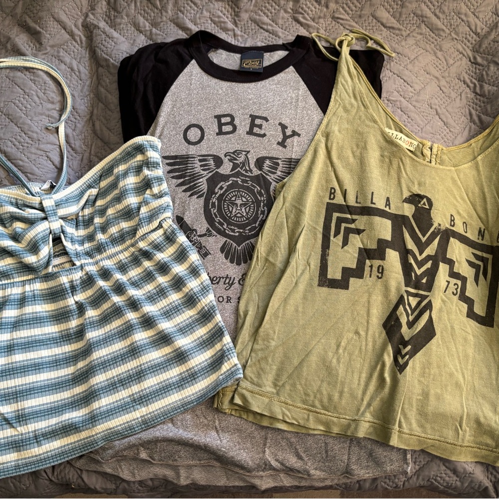 Obey and Billabong Graphic Tees with Striped Top
